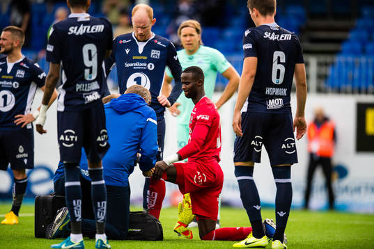Serigne Mor Mbaye of Kristiansund in pain