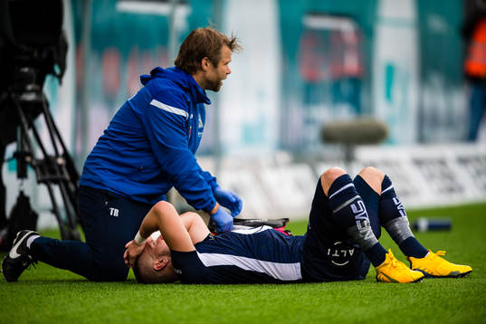 Flamur Kastrati of Kristiansund in pain