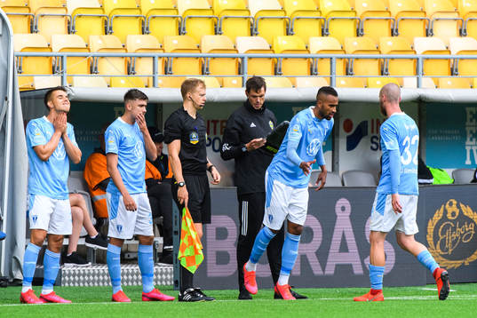 Malmö FFs Jonas Knudsen, Tim Prica och Isaac Kiese Thelin