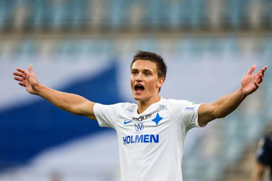 IFK Norrköpings Rasmus Stensbæk Lauritsen reagerar