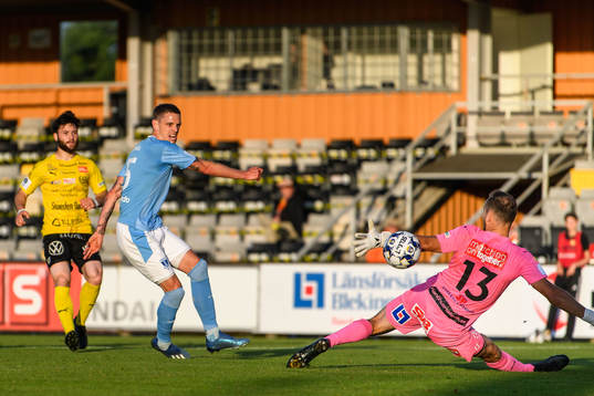 Malmö FFs Sören Rieks och Mjällbys målvakt Carl-Johan