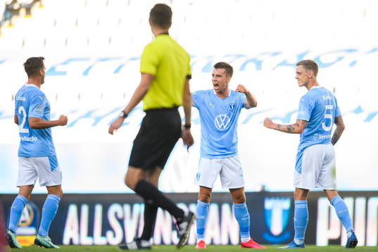 Malmö FFs Eric Larsson och Jonas Knudsen jublar med Sören