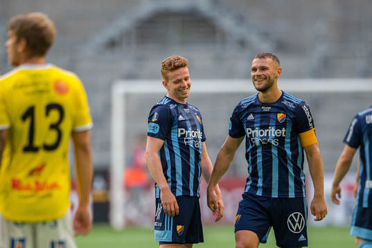 Djurgårdens Aslak Witry och Jesper Karlström jublar