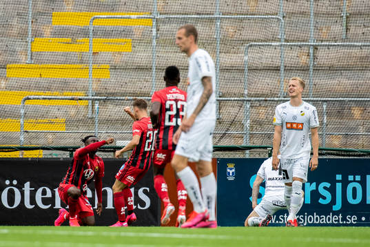 Östersunds Jordan Attah Kadiri  och Felix Hörberg jublar