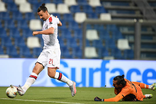 Zlatan Ibrahimovic of AC Milan scores the second goal
