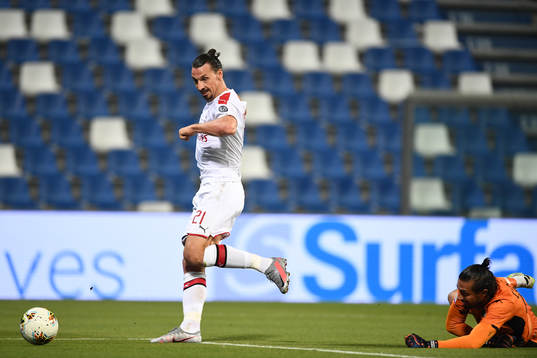 Zlatan Ibrahimovic of AC Milan scores the second goal