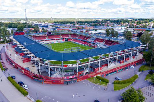 Exteriör vy av Visma arena före fotbollsmatchen i