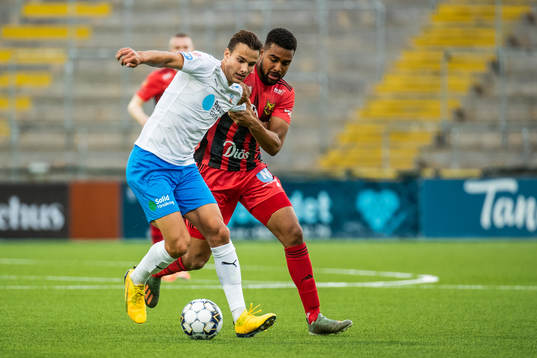 Helsingborgs Charlie Weberg i och Östersunds Noah Sonko