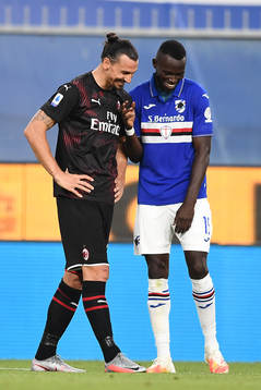 Zlatan Ibrahimovic of AC Milan and Omar Colley of Sampdoria