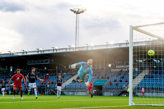 Goalkeeper Viljar Myhra of Strømsgodset looks