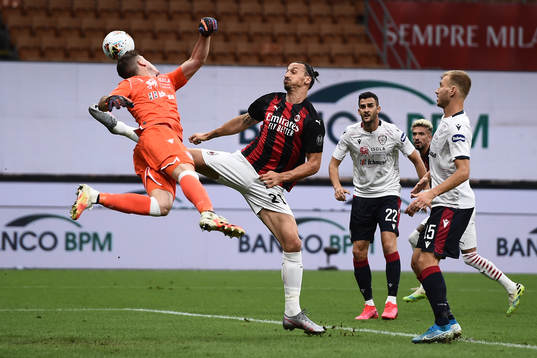 Goalkeeper Alessio Cragno of Cagliari and Zlatan Ibrahimovic
