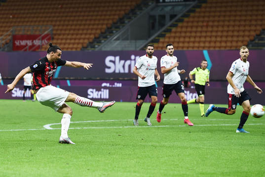 Zlatan Ibrahimovic of Milan scores the 2-0 goal