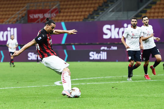 Zlatan Ibrahimovic of Milan scores the 2-0 goal