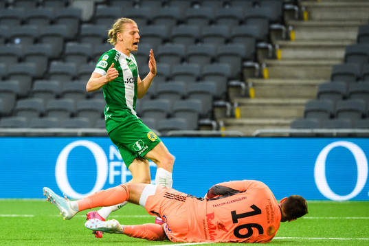 Hammarbys Gustav Ludwigson och Falkenbergs målvakt Viktor