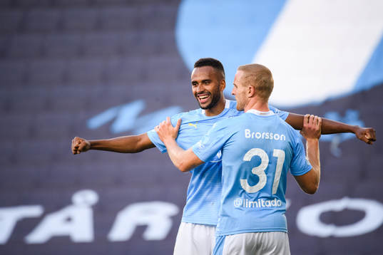Malmö FFs Isaac Kiese Thelin och Franz Brorsson jublar