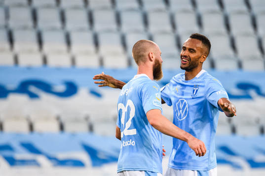 Malmö FFs Jo Inge Berget och Isaac Kiese Thelin jublar