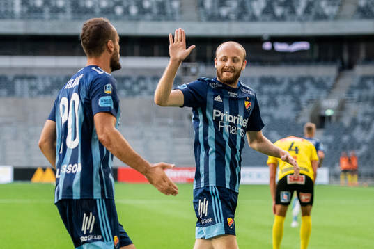 Djurgårdens Curtis Edwards jublar med Emir Kujovic