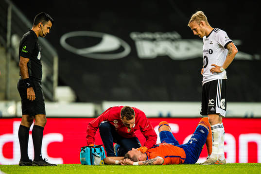 Holmbert Aron Briem Fridjonsson of Aalesund in pain