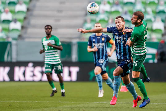 Emir Kujovic of Djurgården and Miha Blazic of Ferencvaros