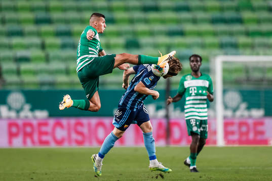 Myrto Uzuni of Ferencvaros and Jacob Une Larsson of