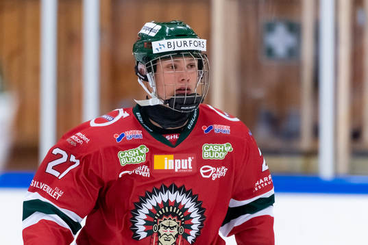 Frölundas Fabian Lysell innan träningsmatchen i ishockey
