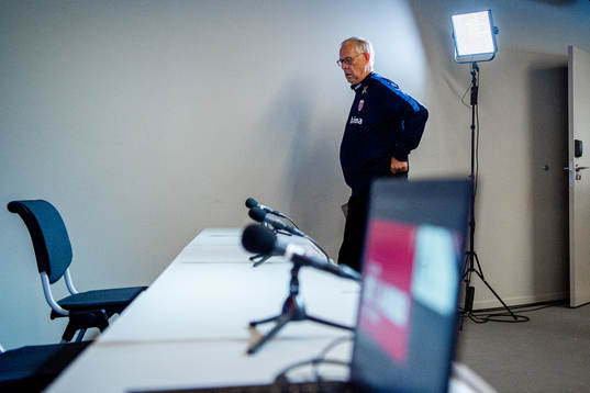 Lars Lagerbäck, head coach of Norway, presents the team