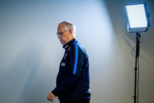 Lars Lagerbäck, head coach of Norway, presents the team