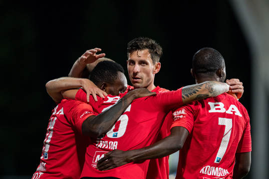 Daniel Alexander Pedersen of Brann celebrates with teammates