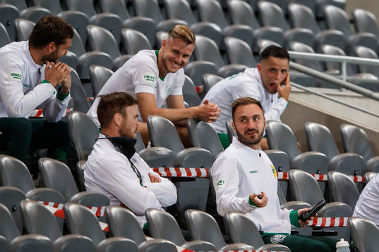 Muamer Tankovic of Hammarby with teammates in the stands