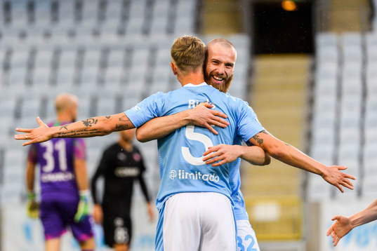 Jo Inge Berget celebrates with Sören Rieks of Malmö FF
