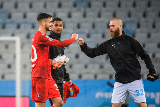 Goalkeeper Marko Johansson celebrate with Jo Inge Berget of