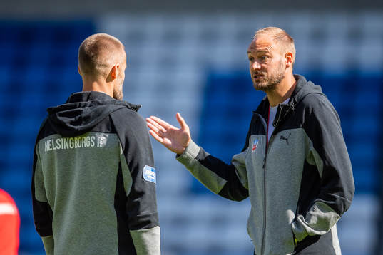 Helsingborgs tränare Olof Mellberg (v) och Andreas
