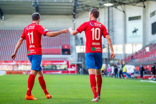 Helsingborgs Rasmus Jönsson (h) jublar med Adam Eriksson