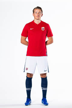 Sander Berge of the Norwegian national football team poses