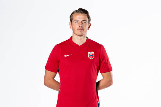 Sander Berge of the Norwegian national football team poses