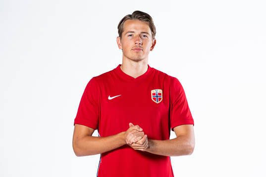 Sander Berge of the Norwegian national football team poses