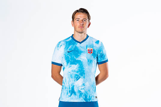 Sander Berge of the Norwegian national football team poses