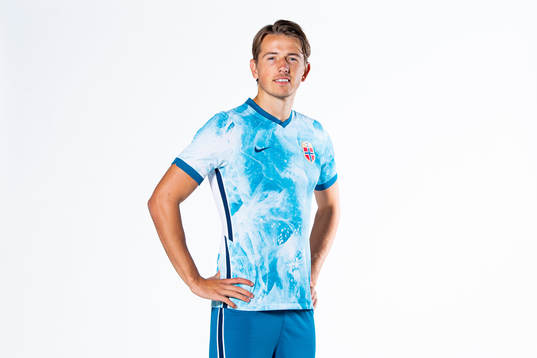 Sander Berge of the Norwegian national football team poses