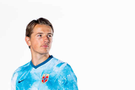 Sander Berge of the Norwegian national football team poses