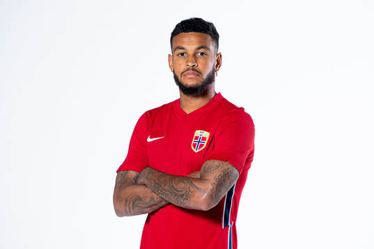 Joshua King of the Norwegian national football team poses