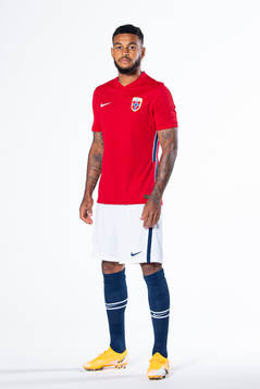 Joshua King of the Norwegian national football team poses