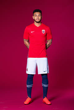 Joshua King of the Norwegian national football team poses