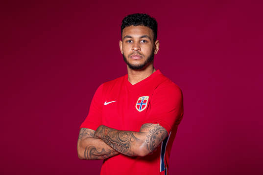 Joshua King of the Norwegian national football team poses