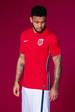 Joshua King of the Norwegian national football team poses