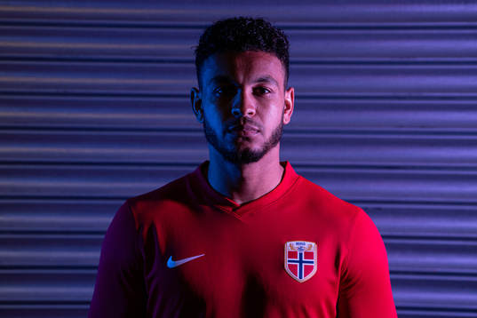 Joshua King of the Norwegian national football team poses
