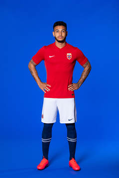 Joshua King of the Norwegian national football team poses