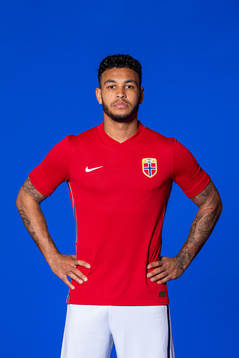 Joshua King of the Norwegian national football team poses