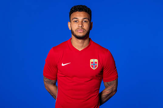 Joshua King of the Norwegian national football team poses