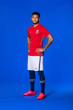 Joshua King of the Norwegian national football team poses
