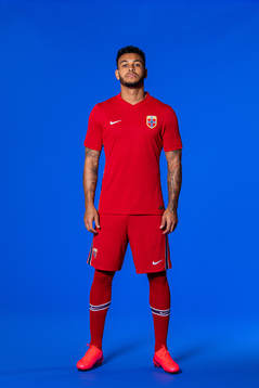 Joshua King of the Norwegian national football team poses